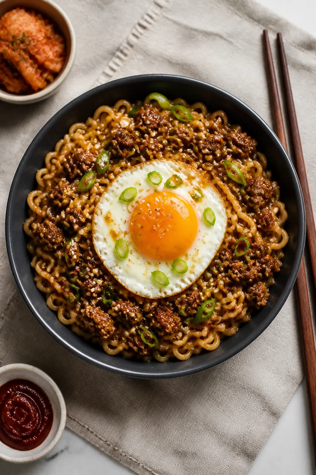 Tasty top view, overhead shot: Overhead bowl of Korean Ground Beef Ramen, noodles swirled into a nea