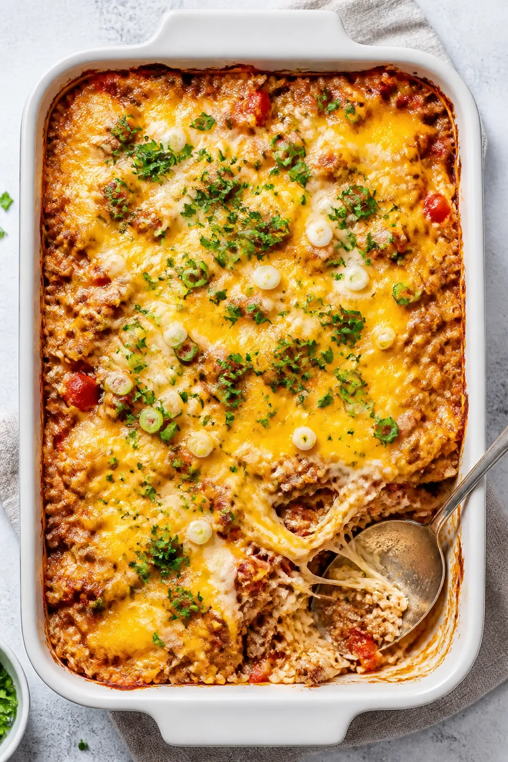 Tasty top view, overhead shot: Uncovered beef and rice casserole just after cheese melt—golden-bub