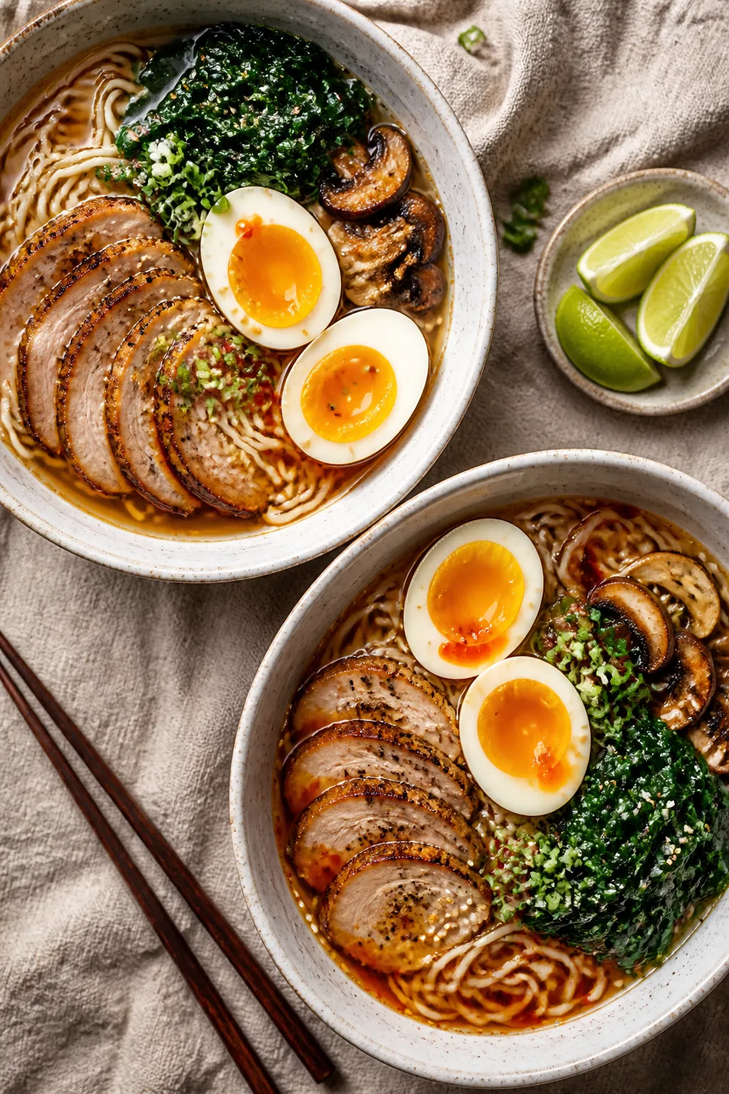 Tasty top view, overhead: Two ramen bowls filled with springy noodles in a clear, savory chicken/por