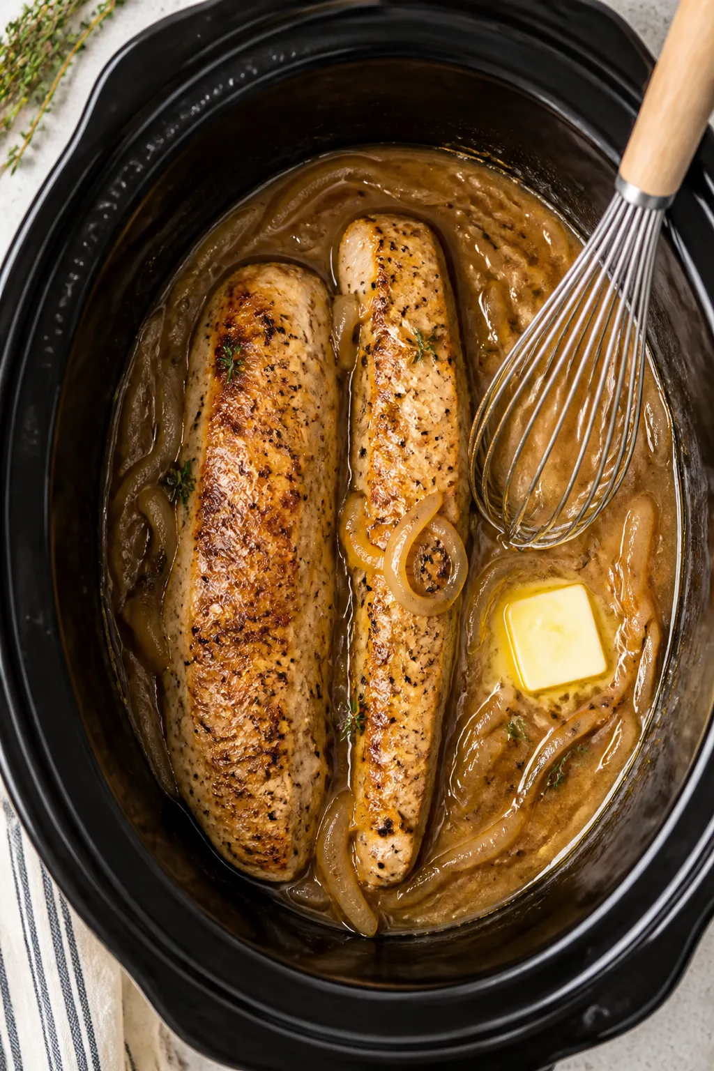 Tasty top-view process shot: Overhead of the slow cooker insert filled with fully cooked pork tender