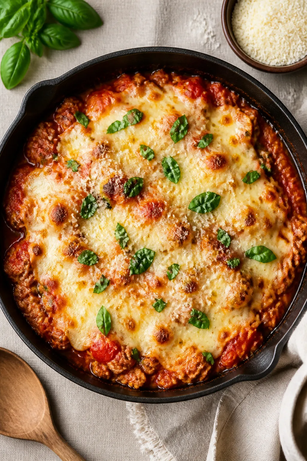 Tasty top view, saucy and cheesy: Overhead shot of the Ground Chicken Parmesan Skillet after simmeri