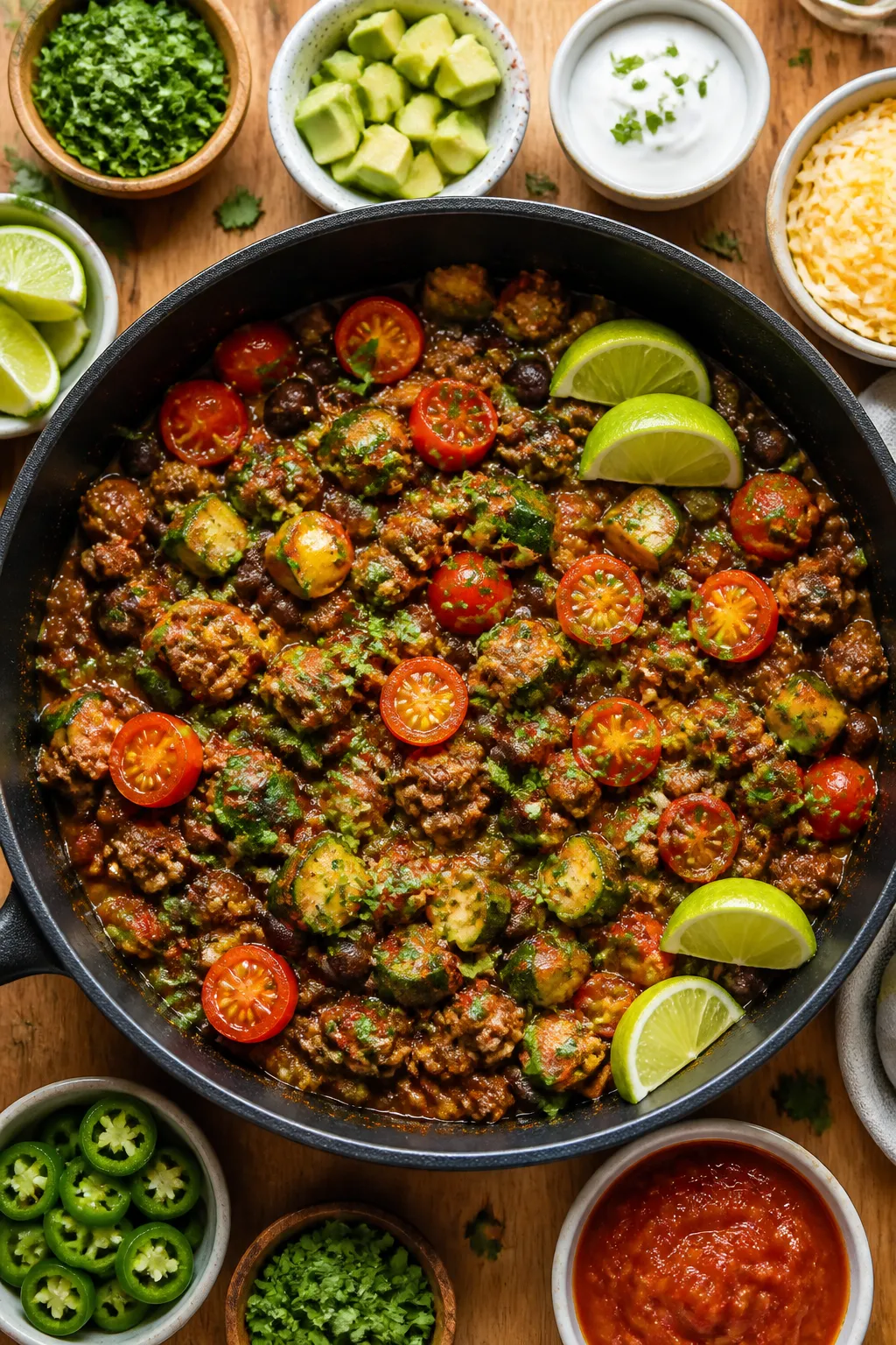 Tasty top view, vibrant one-pan finish: Overhead shot of the Healthy Beef Taco Skillet after simmeri