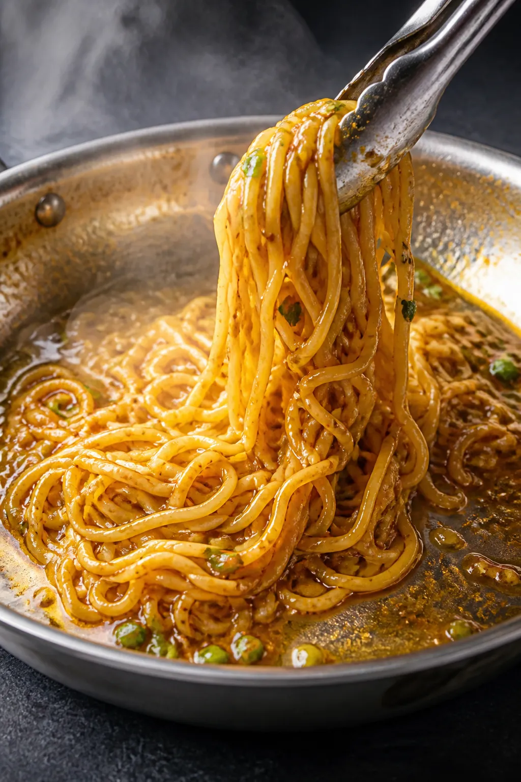 Tossing stage, dynamic skillet shot: Just-cooked ramen noodles being swirled through the glossy garl